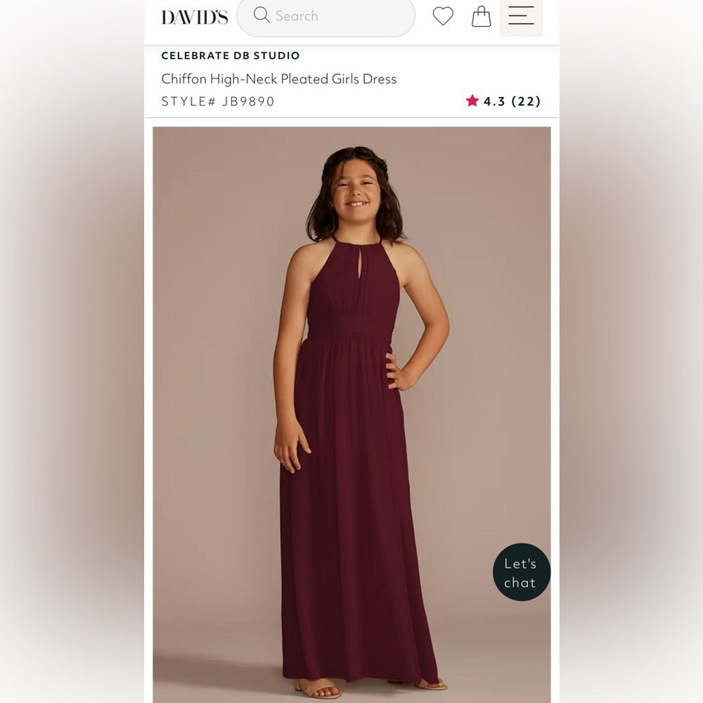 David’s Bridal Junior Bridesmaid Chiffon High-Neck Pleated Dress in Wine size 16